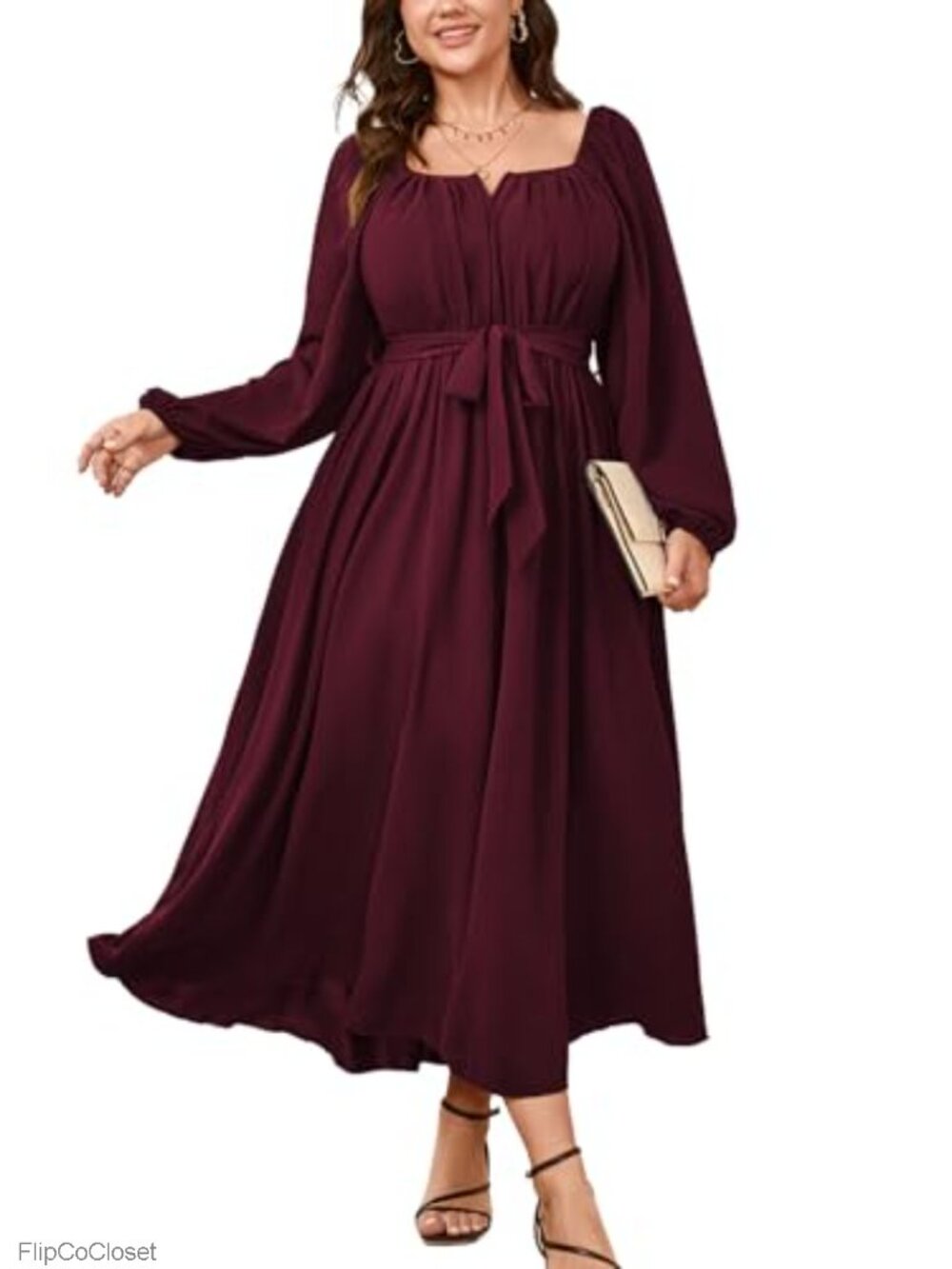 Plus Size Maxi Dress Long Sleeve Square Neck Flowy A-Line